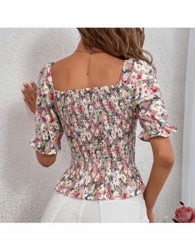 Replica  Ruched Flower Printing Fashion Square Neck Blouse Short Sleeve Square Neck #794321 $29.25 USD for Wholesale