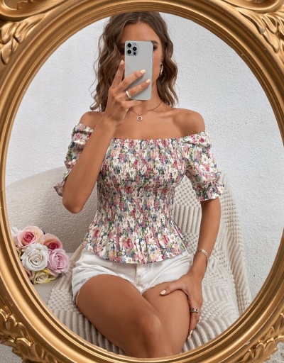 Replica  Ruched Flower Printing Fashion Square Neck Blouse Short Sleeve Square Neck #794321 $29.25 USD for Wholesale