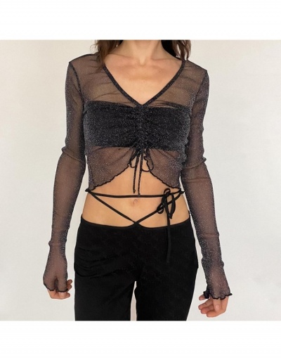  Stringy Selvedge Drawstring See Through Black Blouse Long Sleeve V Neck #794323 $14.66 USD, Wholesale Fashion Blouses