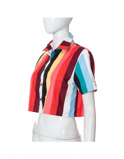 Replica Street Striped  Summer Cropped Blouse For Women Short Sleeve Turndown Collar #794334 $23.30 USD for Wholesale