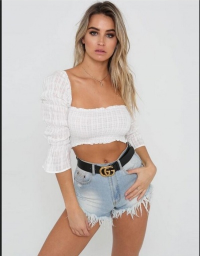 Replica  Puff Sleeve Backless Ruched Pure Color Women's Top Three Quarter Sleeve Square Neck #794336 $16.36 USD for Wholesale