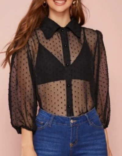 Sexy See Through Puff Sleeve Blouses Long Sleeve Turndown Collar #794338 $20.49 USD, Wholesale Fashion Blouses