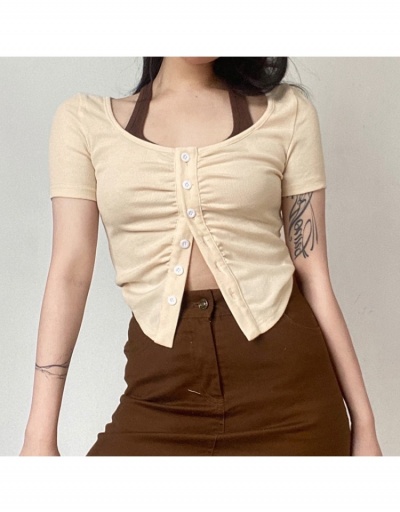 Replica  Summer Halter Neck Slim Pleated Short Sleeve Top Short Sleeve Crew Neck #794344 $22.52 USD for Wholesale