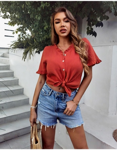 Pure Color Stringy Selvedge Short Sleeve Blouses Short Sleeve V Neck #794349 $26.89 USD, Wholesale Fashion Blouses