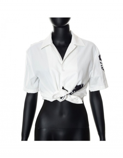 Replica Casual Printed Button Up White Short Sleeve Blouse Short Sleeve Turndown Collar #794352 $25.62 USD for Wholesale