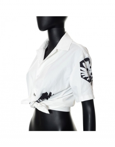 Replica Casual Printed Button Up White Short Sleeve Blouse Short Sleeve Turndown Collar #794352 $25.62 USD for Wholesale