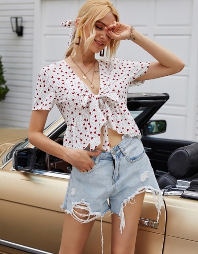 Replica V-neck Lace Up Sweet Short Sleeve Tops  Short Sleeve V Neck #794359 $16.35 USD for Wholesale