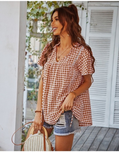 Fashion Casual Plaid Shirt For Girl Short Sleeve V Neck #794537 $26.33 USD, Wholesale Fashion Blouses