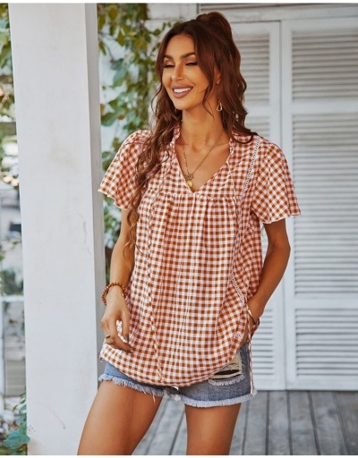 Replica Fashion Casual Plaid Shirt For Girl Short Sleeve V Neck #794537 $26.33 USD for Wholesale