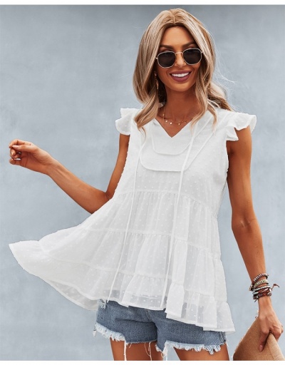 Replica  Summer Pure Color V Neck Ruffled Ladies Top Short Sleeve V Neck #794539 $28.08 USD for Wholesale