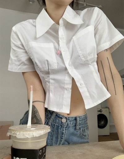 Replica Summer Ladies White Pockets Short Blouse Short Sleeve Turndown Collar #794546 $27.04 USD for Wholesale