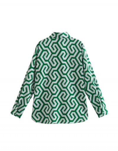 Replica  Summer Casual Green Printing Long Sleeve Blouses Long Sleeve Turndown Collar #794548 $26.53 USD for Wholesale