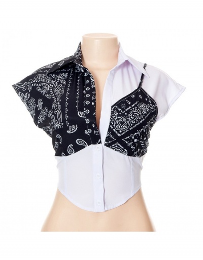 Replica Paisley  Printed Patchwork Crop Blouse For Women Short Sleeve Turndown Collar #794549 $25.68 USD for Wholesale