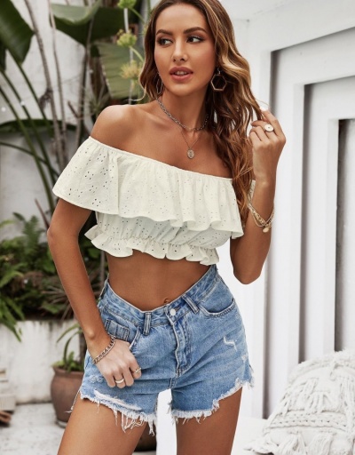  Summer Pure Color Ruffled Top Short Sleeve Boat Neck #794557 $23.11 USD, Wholesale Fashion Blouses