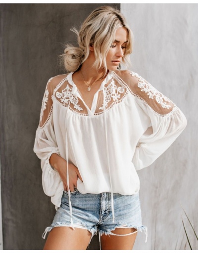  Women's Lace Patchwork Embroidered Ladies Top Long Sleeve V Neck #794560 $23.66 USD, Wholesale Fashion Blouses