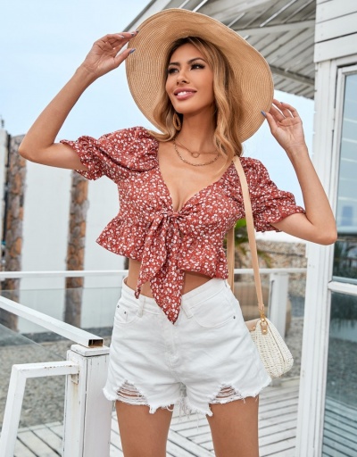 Replica Holiday Floral V-Neck Puff Sleeve Ladies Top Short Sleeve V Neck #794563 $20.61 USD for Wholesale