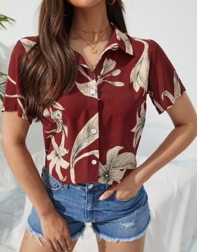 Replica Red Printing Short Sleeve Ladies Blouse For Summer Short Sleeve Turndown Collar #794565 $22.23 USD for Wholesale