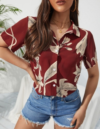 Replica Red Printing Short Sleeve Ladies Blouse For Summer Short Sleeve Turndown Collar #794565 $22.23 USD for Wholesale