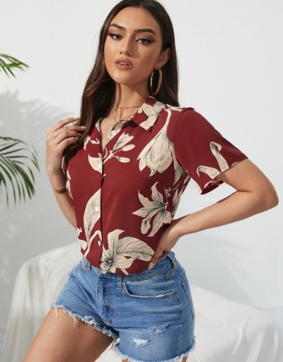 Replica Red Printing Short Sleeve Ladies Blouse For Summer Short Sleeve Turndown Collar #794565 $22.23 USD for Wholesale