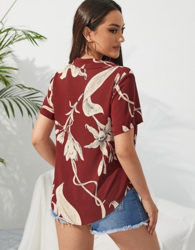 Replica Red Printing Short Sleeve Ladies Blouse For Summer Short Sleeve Turndown Collar #794565 $22.23 USD for Wholesale