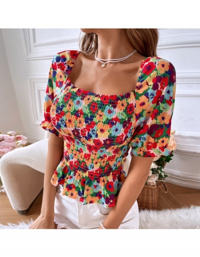  Fashion Flower Print Square Neck Ruched Women's Shirt Half Sleeve Square Neck #794569 $29.62 USD, Wholesale Fashion Blouses