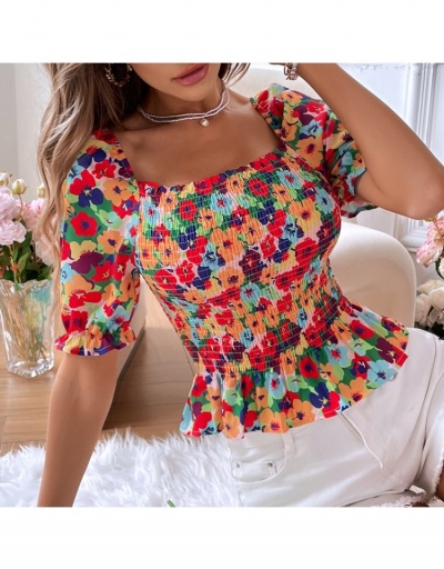 Replica  Fashion Flower Print Square Neck Ruched Women's Shirt Half Sleeve Square Neck #794569 $29.62 USD for Wholesale