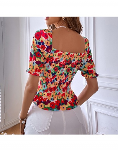 Replica  Fashion Flower Print Square Neck Ruched Women's Shirt Half Sleeve Square Neck #794569 $29.62 USD for Wholesale