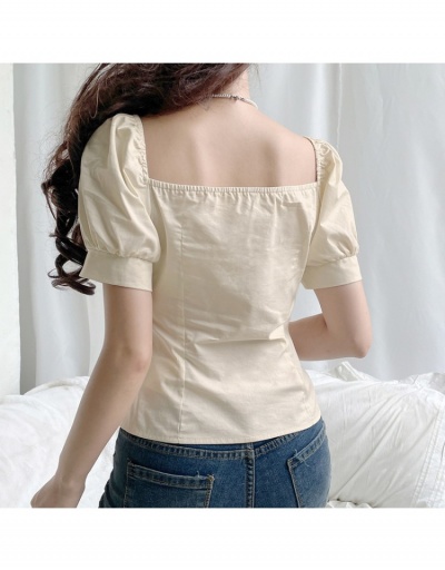 Replica  Sweet Square Neck Pure Color Puff Sleeve Top Short Sleeve Square Neck #794570 $29.25 USD for Wholesale