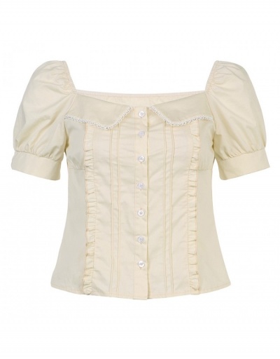 Replica  Sweet Square Neck Pure Color Puff Sleeve Top Short Sleeve Square Neck #794570 $29.25 USD for Wholesale