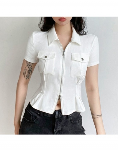 Replica  Summer New Pure Color Zipper Up Blouses Top Short Sleeve Turndown Collar #794571 $25.34 USD for Wholesale