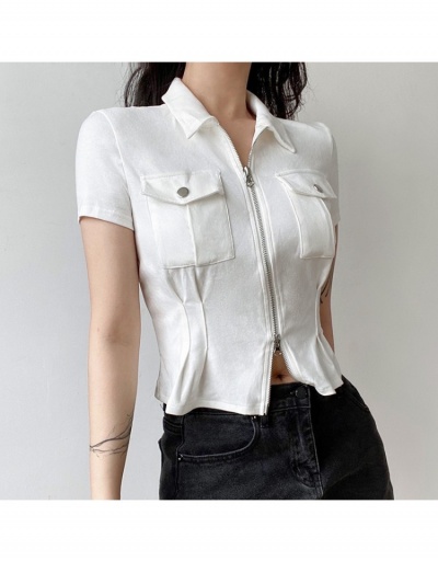 Replica  Summer New Pure Color Zipper Up Blouses Top Short Sleeve Turndown Collar #794571 $25.34 USD for Wholesale