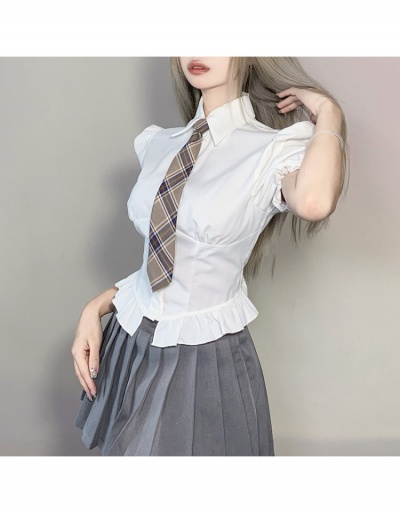 Preppy Style Puff Sleeve White Blouse For Ladies Short Sleeve Turndown Collar #794575 $20.53 USD, Wholesale Fashion Blouses