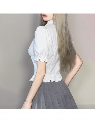 Replica Preppy Style Puff Sleeve White Blouse For Ladies Short Sleeve Turndown Collar #794575 $20.53 USD for Wholesale