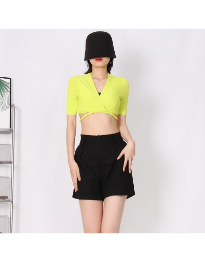 Solid Tie Wrap Cropped Stylish Tops For Women Short Sleeve V Neck #794578 $33.35 USD, Wholesale Fashion Blouses