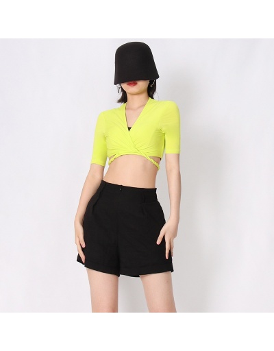 Replica Solid Tie Wrap Cropped Stylish Tops For Women Short Sleeve V Neck #794578 $33.35 USD for Wholesale