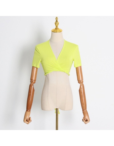 Replica Solid Tie Wrap Cropped Stylish Tops For Women Short Sleeve V Neck #794578 $33.35 USD for Wholesale