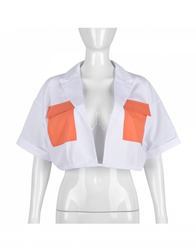 Replica Summer White Notch Collar  Pockets Cropped Blouse Short Sleeve Notch Collar #794580 $22.99 USD for Wholesale