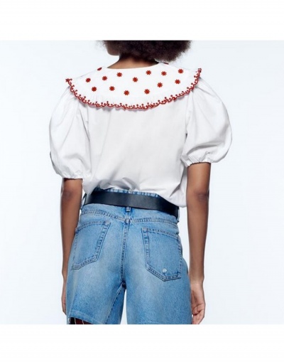 Replica  Sweet Cute Patchwork Doll Neck Bubble Sleeve Blouses Short Sleeve Doll Collar #794583 $36.40 USD for Wholesale