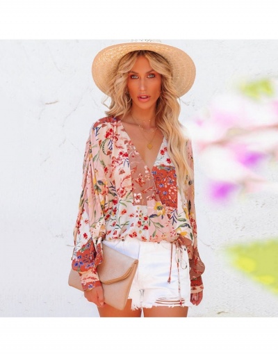  Geometric Pattern Floral Printing Top Long Sleeve V Neck #794592 $20.03 USD, Wholesale Fashion Blouses