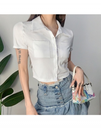 Replica  Fashion Pure Color Pockets Short Sleeve Crop Blouses Short Sleeve Turndown Collar #794593 $22.76 USD for Wholesale