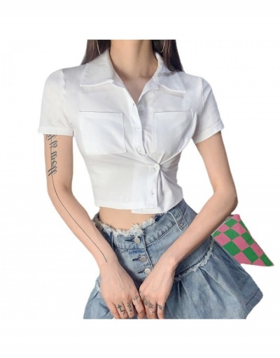 Replica  Fashion Pure Color Pockets Short Sleeve Crop Blouses Short Sleeve Turndown Collar #794593 $22.76 USD for Wholesale