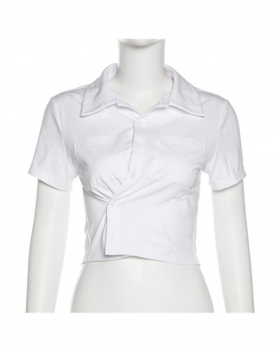 Replica  Fashion Pure Color Pockets Short Sleeve Crop Blouses Short Sleeve Turndown Collar #794593 $22.76 USD for Wholesale