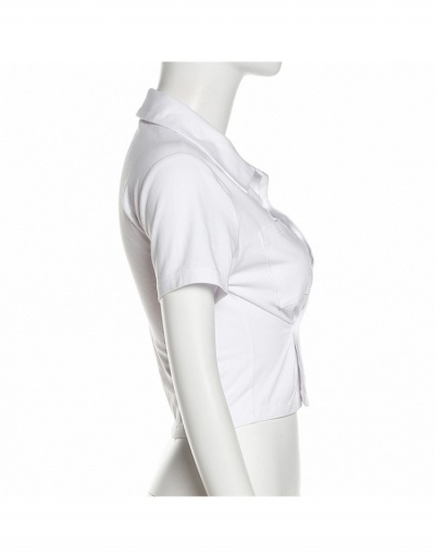 Replica  Fashion Pure Color Pockets Short Sleeve Crop Blouses Short Sleeve Turndown Collar #794593 $22.76 USD for Wholesale