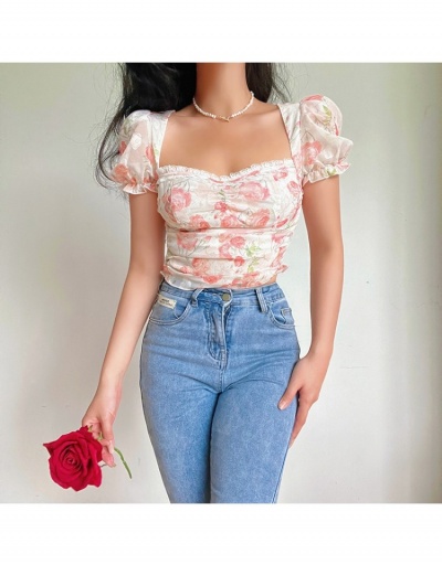  French Puff Sleeve Flower Ruched Chiffon Shirt Short Sleeve Square Neck #794600 $30.32 USD, Wholesale Fashion Blouses