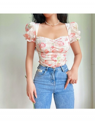 Replica  French Puff Sleeve Flower Ruched Chiffon Shirt Short Sleeve Square Neck #794600 $30.32 USD for Wholesale