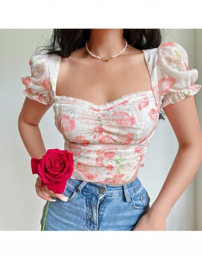 Replica  French Puff Sleeve Flower Ruched Chiffon Shirt Short Sleeve Square Neck #794600 $30.32 USD for Wholesale