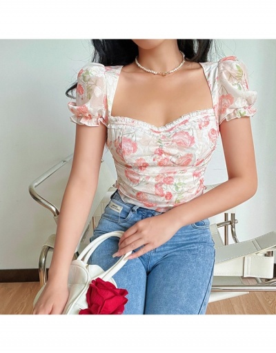 Replica  French Puff Sleeve Flower Ruched Chiffon Shirt Short Sleeve Square Neck #794600 $30.32 USD for Wholesale