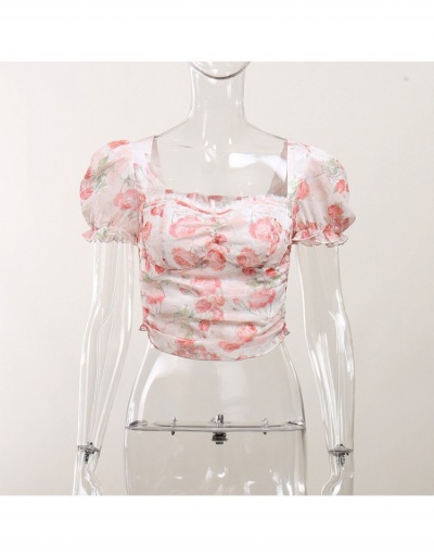 Replica  French Puff Sleeve Flower Ruched Chiffon Shirt Short Sleeve Square Neck #794600 $30.32 USD for Wholesale