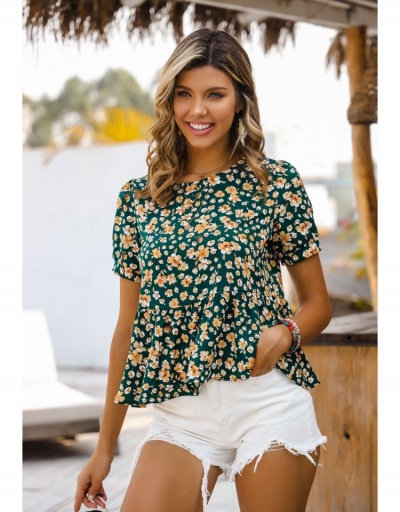  Fashion Crew Neck Floral Puff Sleeve Ladies Top Short Sleeve Crew Neck #794601 $21.84 USD, Wholesale Fashion Blouses