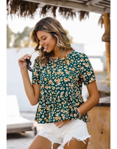 Replica  Fashion Crew Neck Floral Puff Sleeve Ladies Top Short Sleeve Crew Neck #794601 $21.84 USD for Wholesale